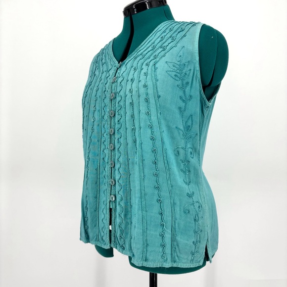 Papa Teal Embroidered Stripe V-Neck Button Front Tie Back Sleeveless Top, Medium - Picture 5 of 16